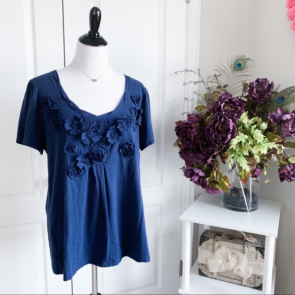Kiara Tops - Kiara Navy Blue Flower Embellished Top
